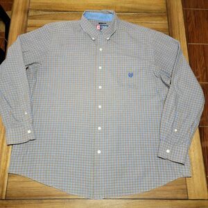 Chaps LS Brown Blue Small Squares Full Button Shirt - Size XXL